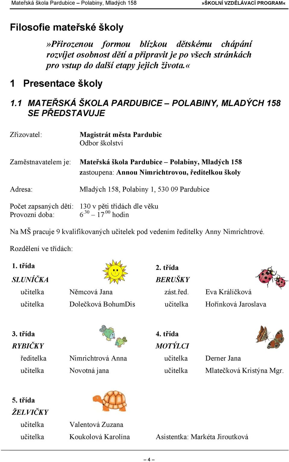 Annou Nimrichtrovou, ředitelkou školy Adresa: Mladých 158, Polabiny 1, 530 09 Pardubice Počet zapsaných dětí: 130 v pěti třídách dle věku Provozní doba: 6.30 17.