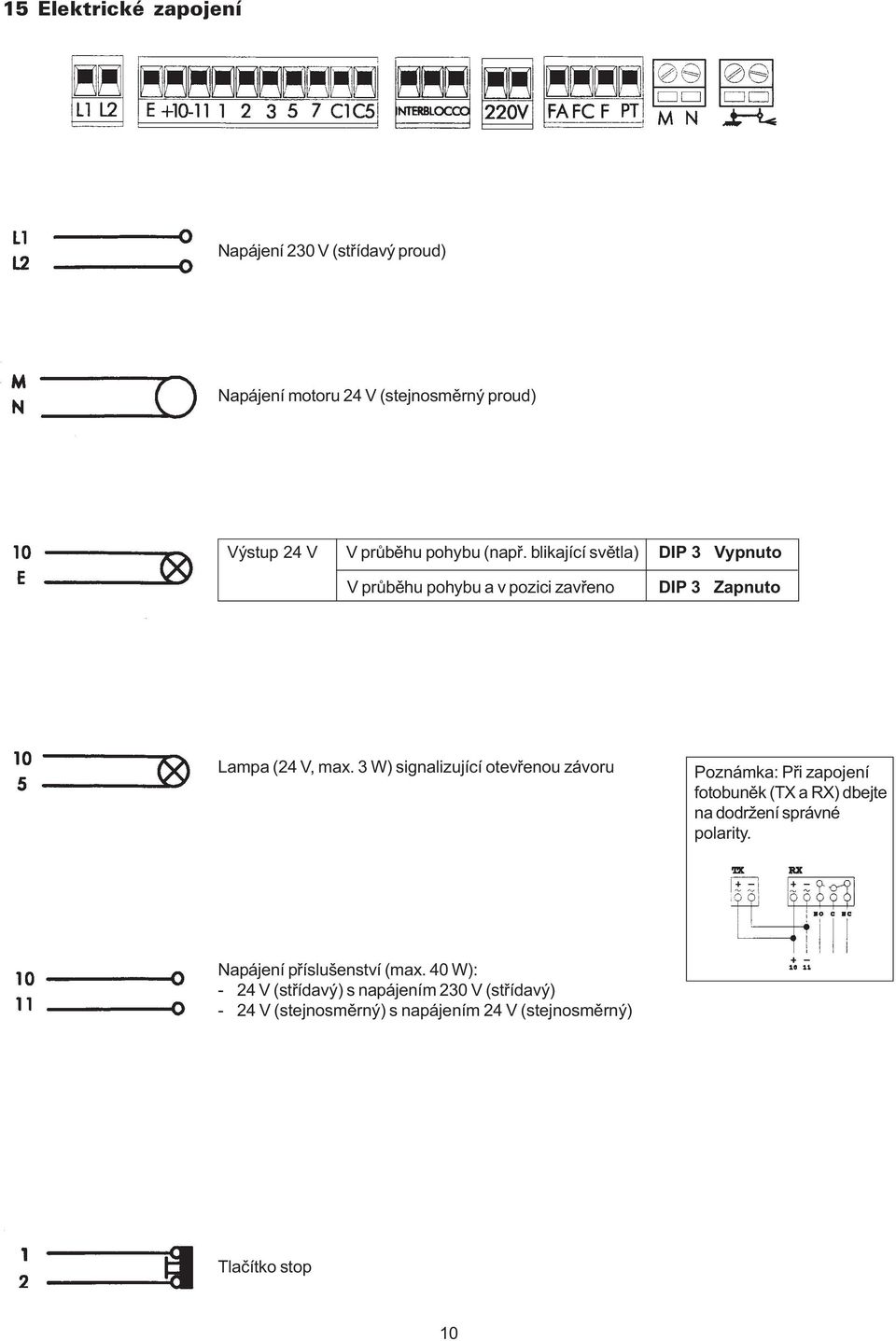 3 W) signalizující otevøenou závoru Poznámka: Pøi zapojení fotobunìk (TX a RX) dbejte na dodržení správné polarity.