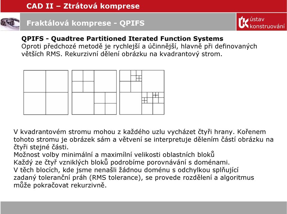 Kořenem tohoto stromu je obrázek sám a větvení se interpretuje dělením částí obrázku na čtyři stejné části.