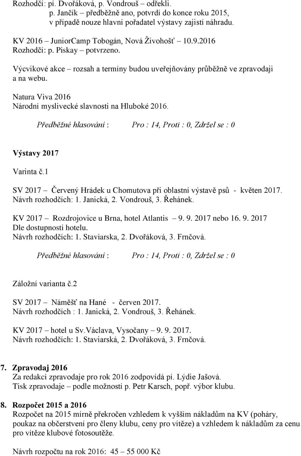Natura Viva 2016 Národní myslivecké slavnosti na Hluboké 2016. Předběžné hlasování : Pro : 14, Proti : 0, Zdržel se : 0 Výstavy 2017 Varinta č.