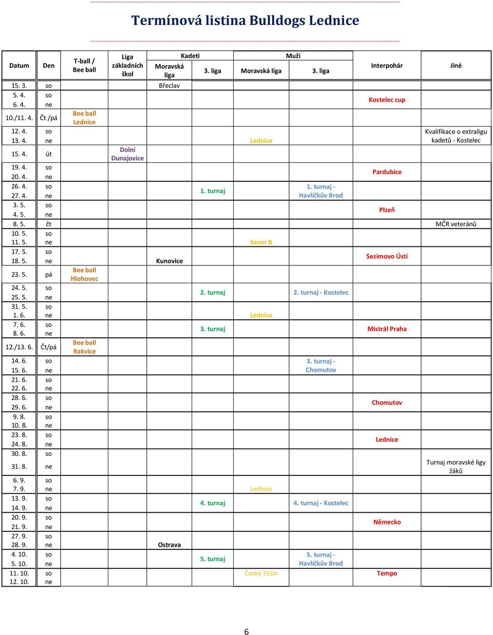 5. so 4. 5. ne Plzeň 8. 5. čt MČR veteránů 10. 5. so 11. 5. ne Sever B 17. 5. so 18. 5. ne Kunovice Sezimovo Ústí 23. 5. pá Bee ball Hlohovec 24. 5. so 25. 5. ne 2. turnaj 2. turnaj - Kostelec 31. 5. so 1. 6.