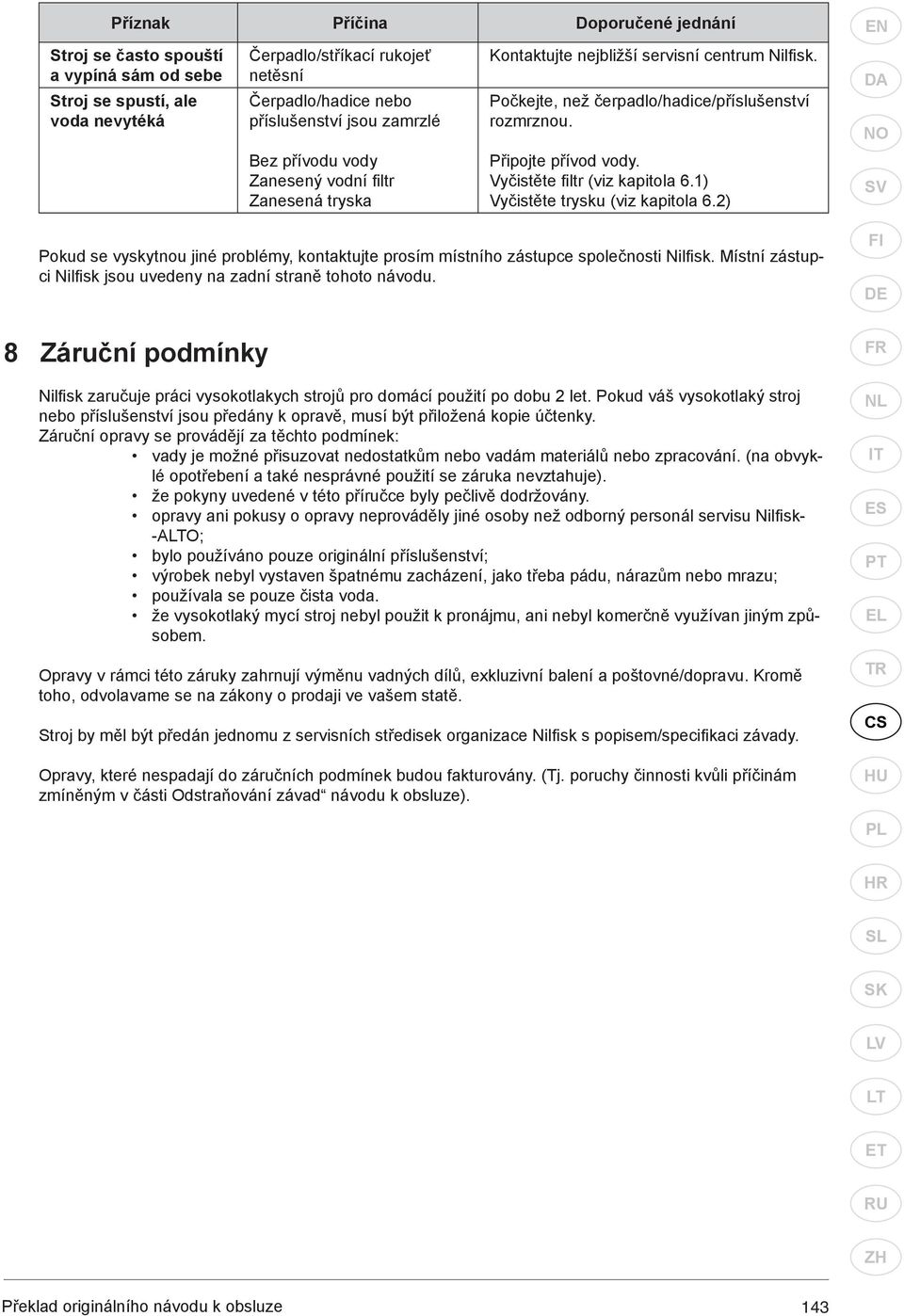 Vyčistěte fi ltr (viz kapitola 6.1) Vyčistěte trysku (viz kapitola 6.2) Pokud se vyskytnou jiné problémy, kontaktujte prosím místního zástupce společnosti Nilfi sk.