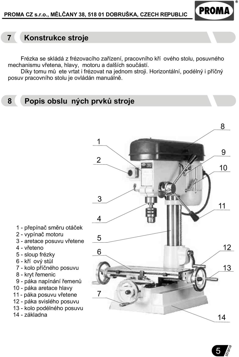 8 Popis obslužných prvkù stroje 8 1 2 9 10 1 - pøepínaè smìru otáèek 2 - vypínaè motoru 3 - aretace posuvu vøetene 4 - vøeteno 5 - sloup frézky 6 - køížový stùl