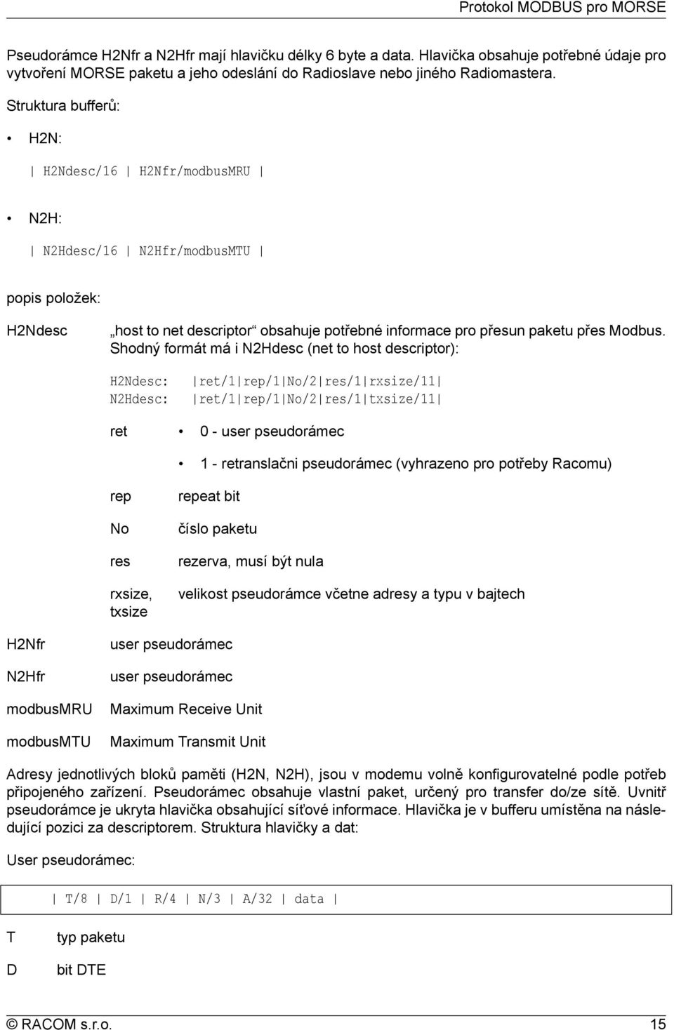 Shodný formát má i N2Hdesc (net to host descriptor): H2Ndesc: N2Hdesc: ret ret/1 rep/1 No/2 res/1 rxsize/11 ret/1 rep/1 No/2 res/1 txsize/11 0 - user pseudorámec 1 - retranslačni pseudorámec