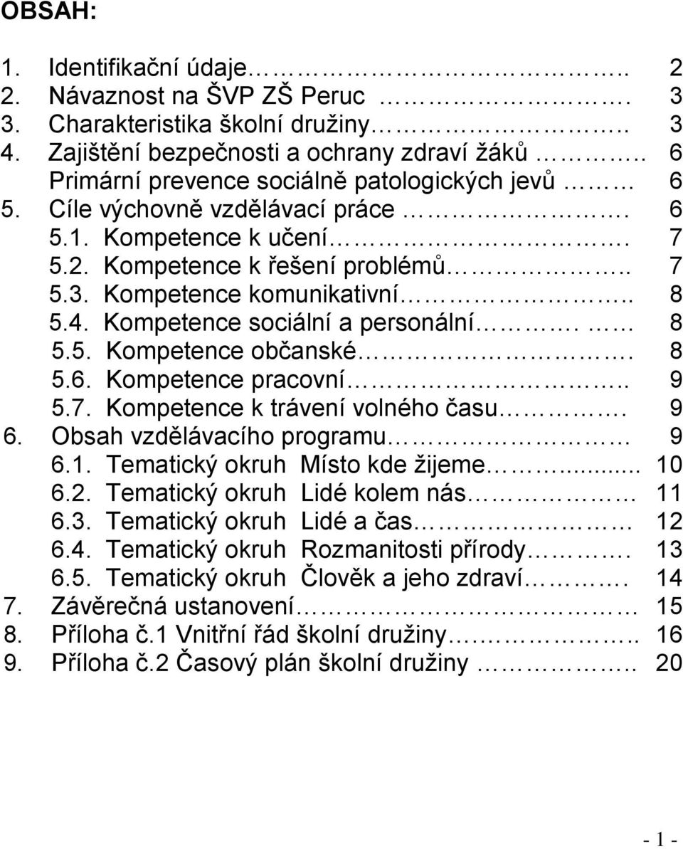 Kompetence sociální a personální. 8 5.5. Kompetence občanské. 8 5.6. Kompetence pracovní.. 9 5.7. Kompetence k trávení volného času. 9 6. Obsah vzdělávacího programu 9 6.1.