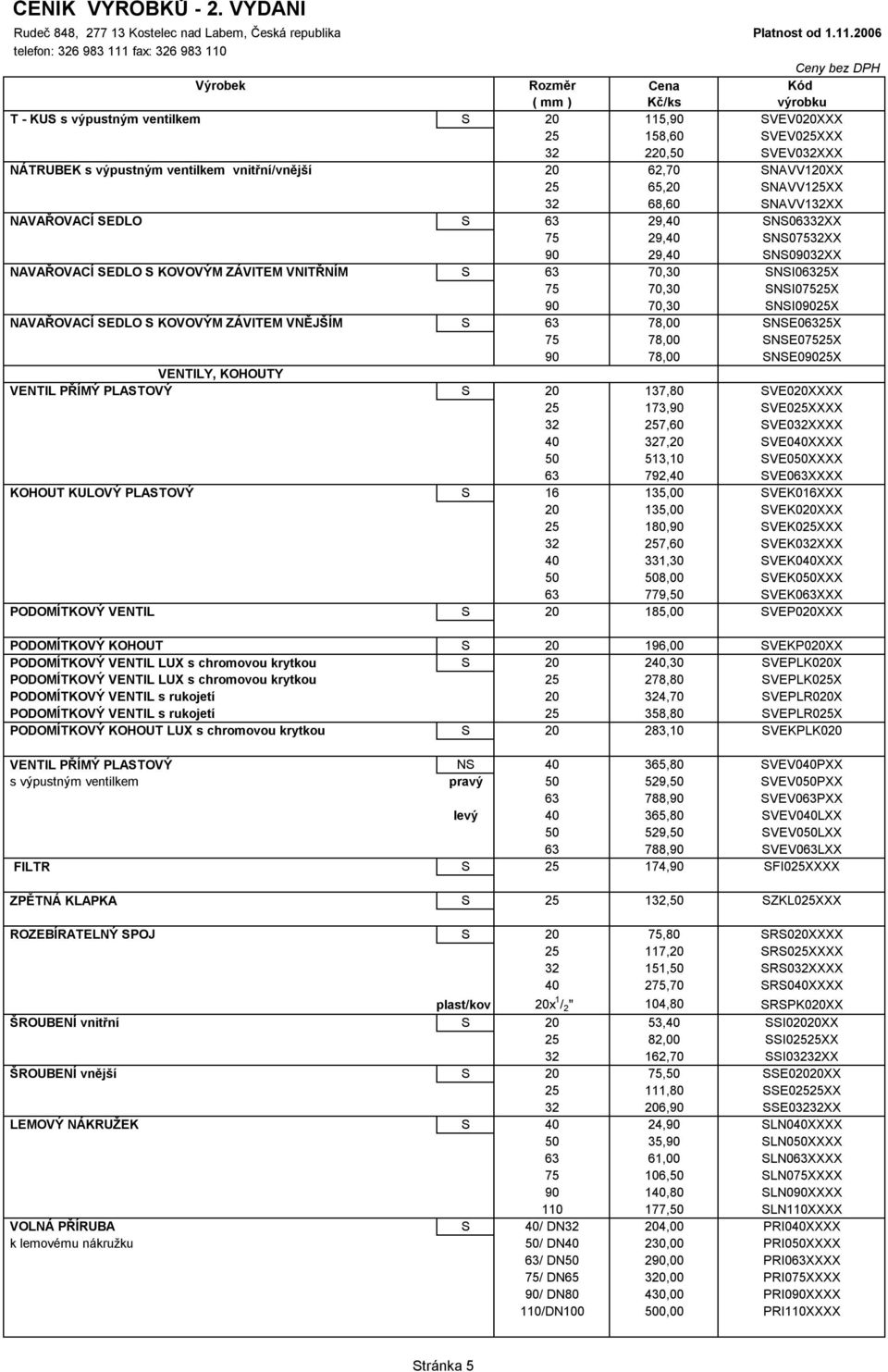 NAVAŘOVACÍ SEDLO S KOVOVÝM ZÁVITEM VNĚJŠÍM S 63 78,00 SNSE06325X 75 78,00 SNSE07525X 90 78,00 SNSE09025X VENTILY, KOHOUTY VENTIL PŘÍMÝ PLASTOVÝ S 20 137,80 SVE020XXXX 25 173,90 SVE025XXXX 32 257,60