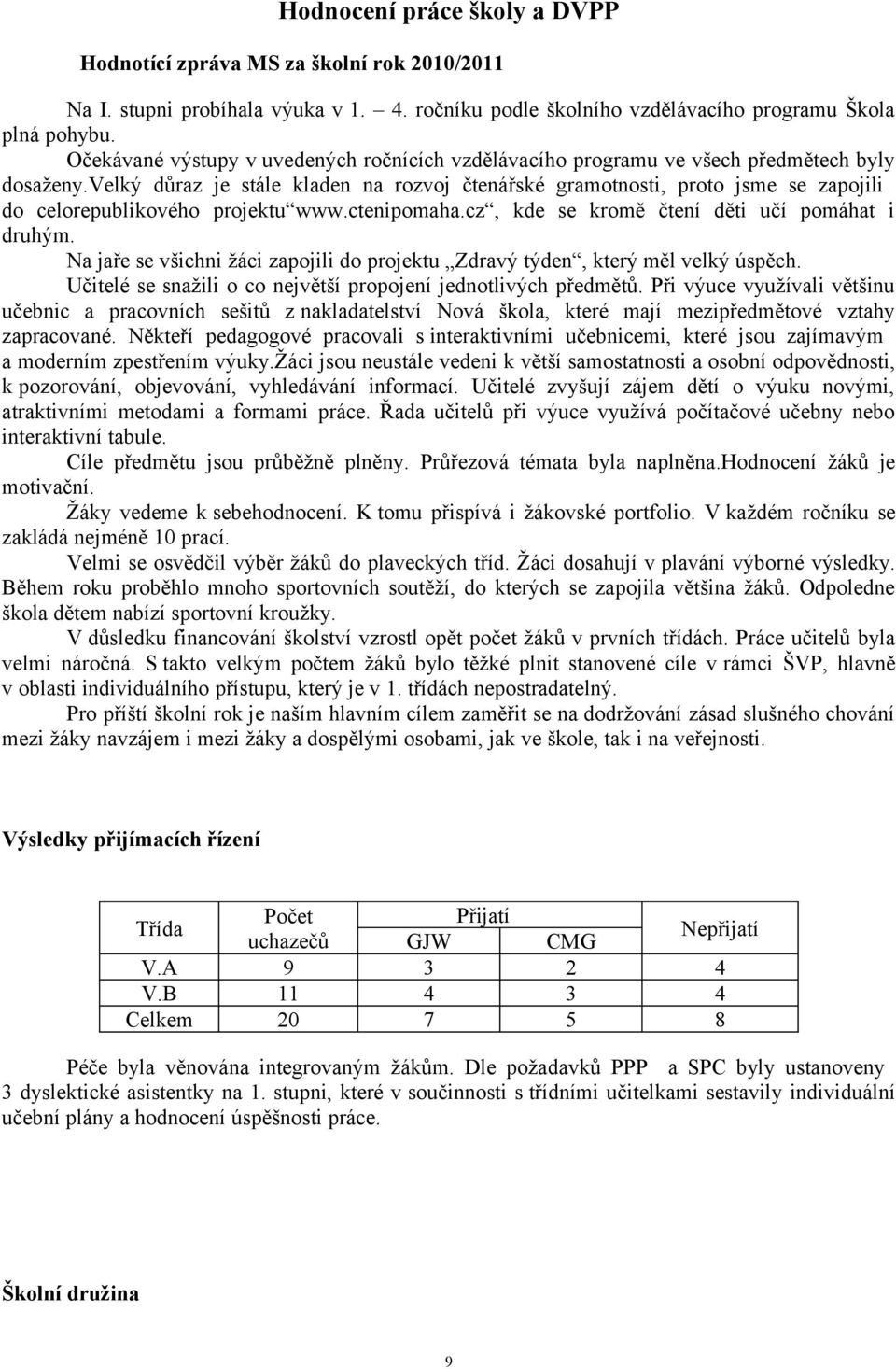 velký důraz je stále kladen na rozvoj čtenářské gramotnosti, proto jsme se zapojili do celorepublikového projektu www.ctenipomaha.cz, kde se kromě čtení děti učí pomáhat i druhým.