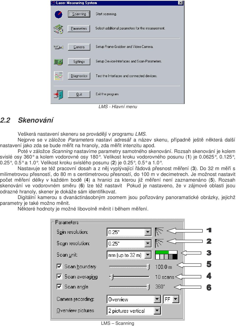 Poté v záložce Scanning nastavíme parametry samotného skenování. Rozsah skenování je kolem svislé osy 360 a kolem vodorovné osy 180. Velikost kroku vodorovného posunu (1) je 0.0625, 0.125, 0.25, 0.5 a 1.