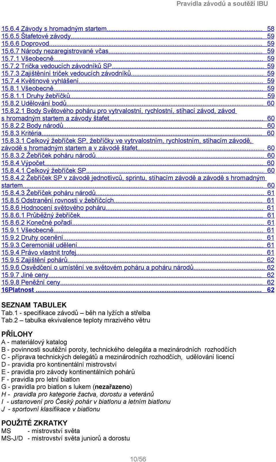 Udělování bodů... 60 15.8.2.1 Body Světového poháru pro vytrvalostní, rychlostní, stíhací závod, závod s hromadným startem a závody štafet... 60 15.8.2.2 Body národů... 60 15.8.3 