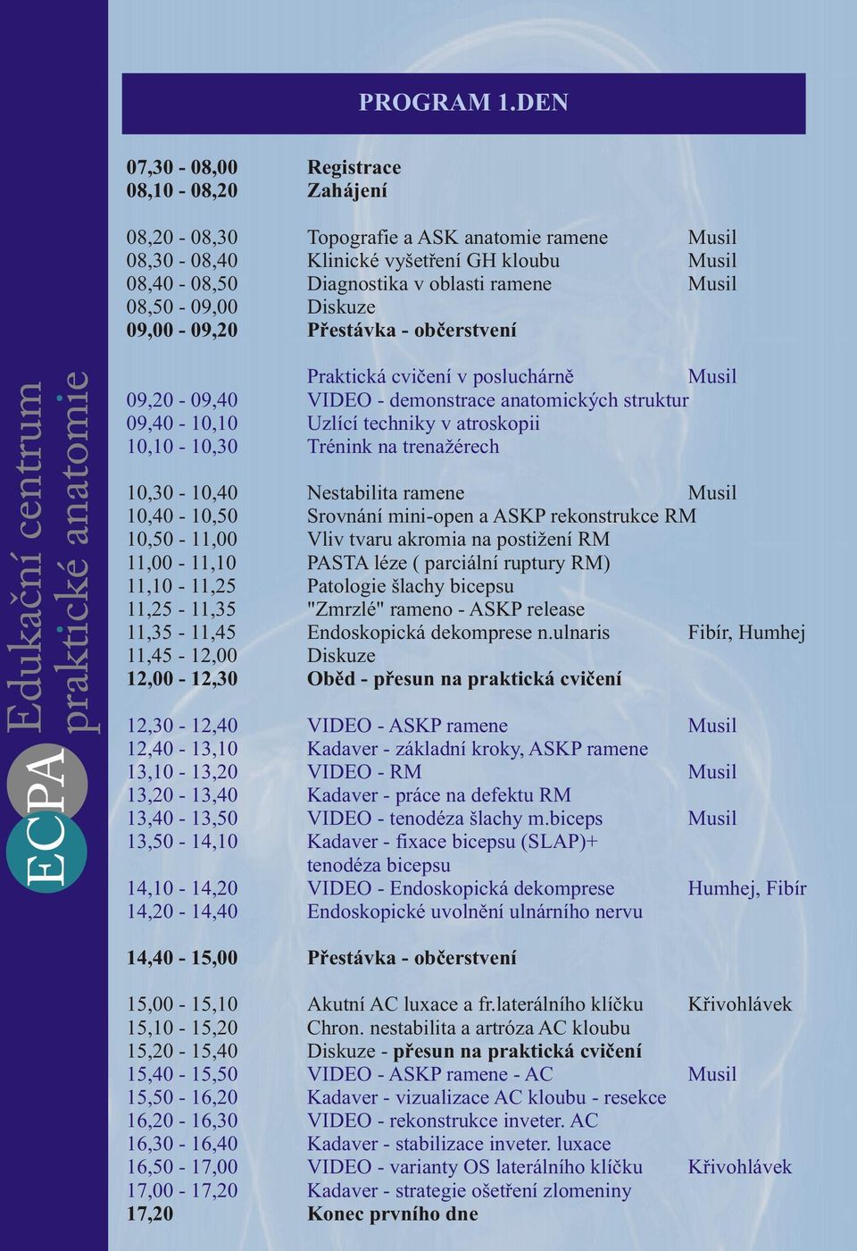 08,50-09,00 Diskuze 09,00-09,20 Pøestávka - obèerstvení Praktická cvièení v posluchárnì Musil 09,20-09,40 VIDEO - demonstrace anatomických struktur 09,40-10,10 Uzlící techniky v atroskopii