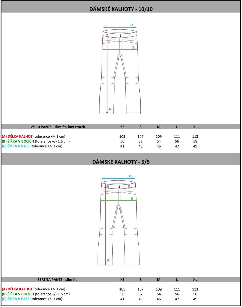 43 45 47 49 DÁMSKÉ KALHOTY - 5/5 SERENA PANTS - slim fit XS S M L XL (A) DÉLKA KALHOT (tolerance +/- 1 cm) 105  43