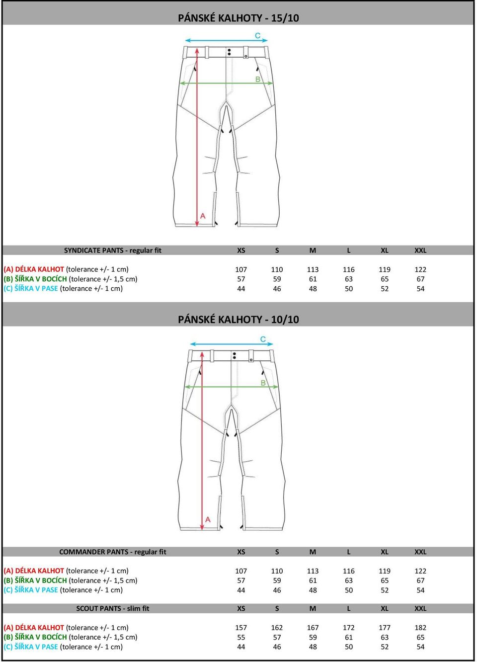 107 110 113 116 119 122 (B) ŠÍŘKA V BOCÍCH (tolerance +/- 1,5 cm) 57 59 61 63 65 67 (C) ŠÍŘKA V PASE (tolerance +/- 1 cm) 44 46 48 50 52 54 SCOUT PANTS - slim fit XS S M L XL