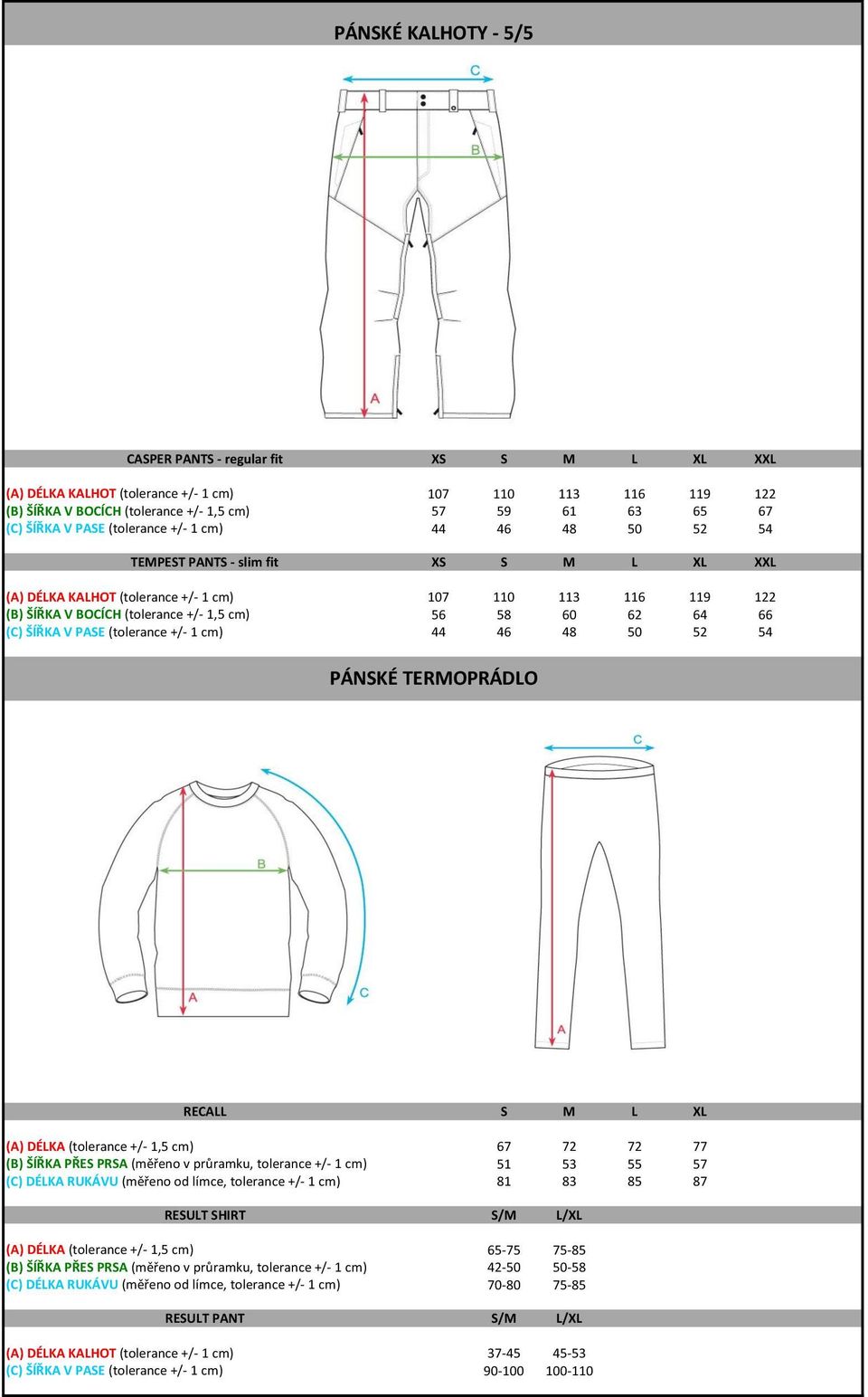 62 64 66 (C) ŠÍŘKA V PASE (tolerance +/- 1 cm) 44 46 48 50 52 54 PÁNSKÉ TERMOPRÁDLO RECALL S M L XL (A) DÉLKA (tolerance +/- 1,5 cm) 67 72 72 77 (B) ŠÍŘKA PŘES PRSA (měřeno v průramku, tolerance +/-