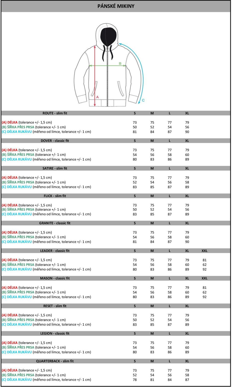 SATIRE - slim fit S M L XL (A) DÉLKA (tolerance +/- 1,5 cm) 73 75 77 79 (B) ŠÍŘKA PŘES PRSA (tolerance +/- 1 cm) 52 54 56 58 (C) DÉLKA RUKÁVU (měřeno od límce, tolerance +/- 1 cm) 83 85 87 89 FLICK -