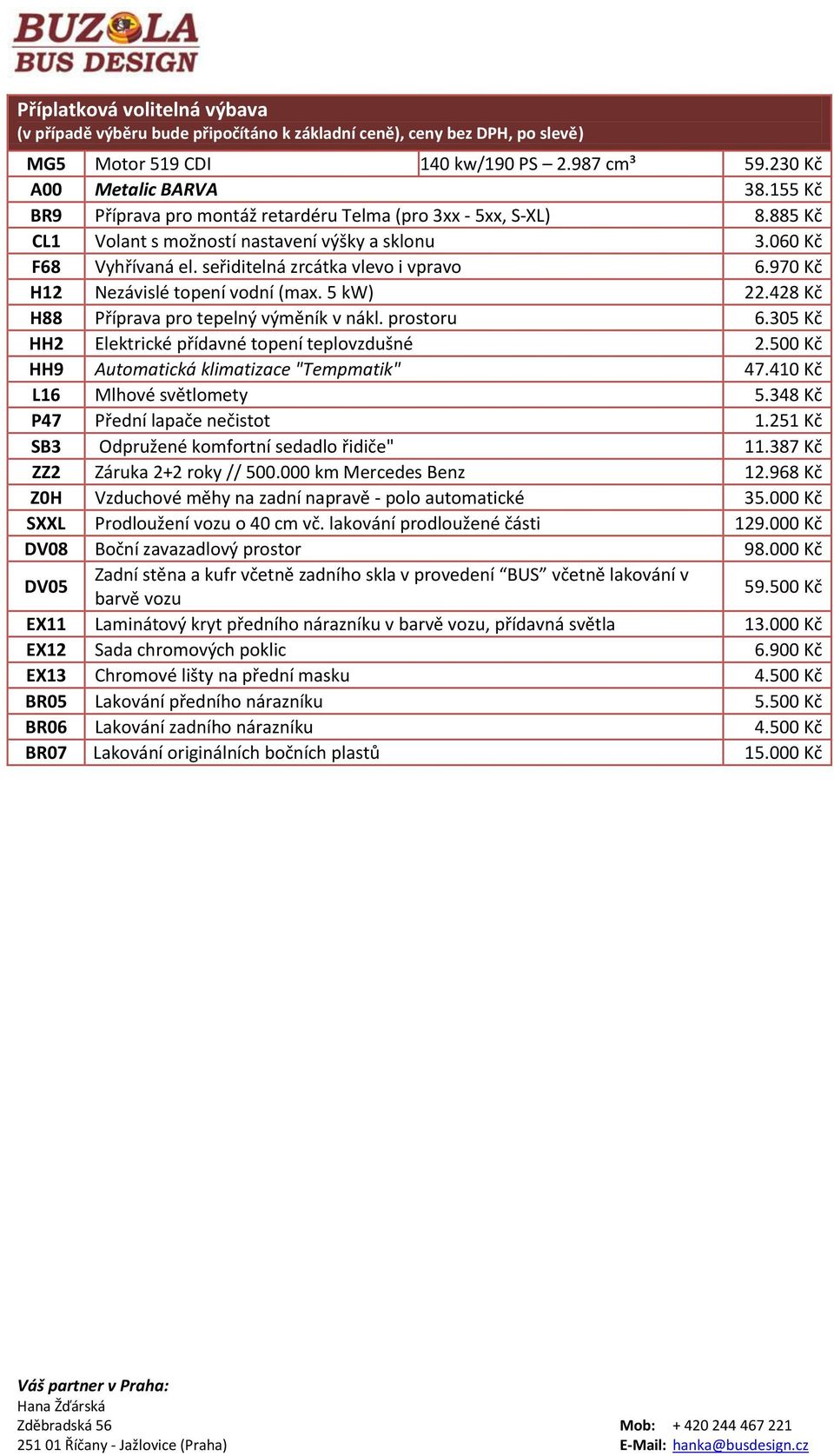 970 Kč H2 Nezávislé topení vodní (max. 5 kw) 22.428 Kč H88 Příprava pro tepelný výměník v nákl. prostoru 6.305 Kč HH2 Elektrické přídavné topení teplovzdušné 2.