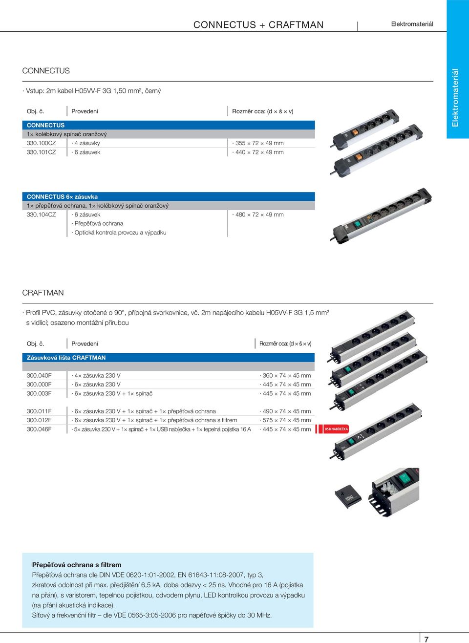 104CZ 6 zásuvek 480 72 49 mm Přepěťová ochrana Optická kontrola provozu a výpadku CRAFTMAN Profi l PVC, zásuvky otočené o 90, přípojná svorkovnice, vč.