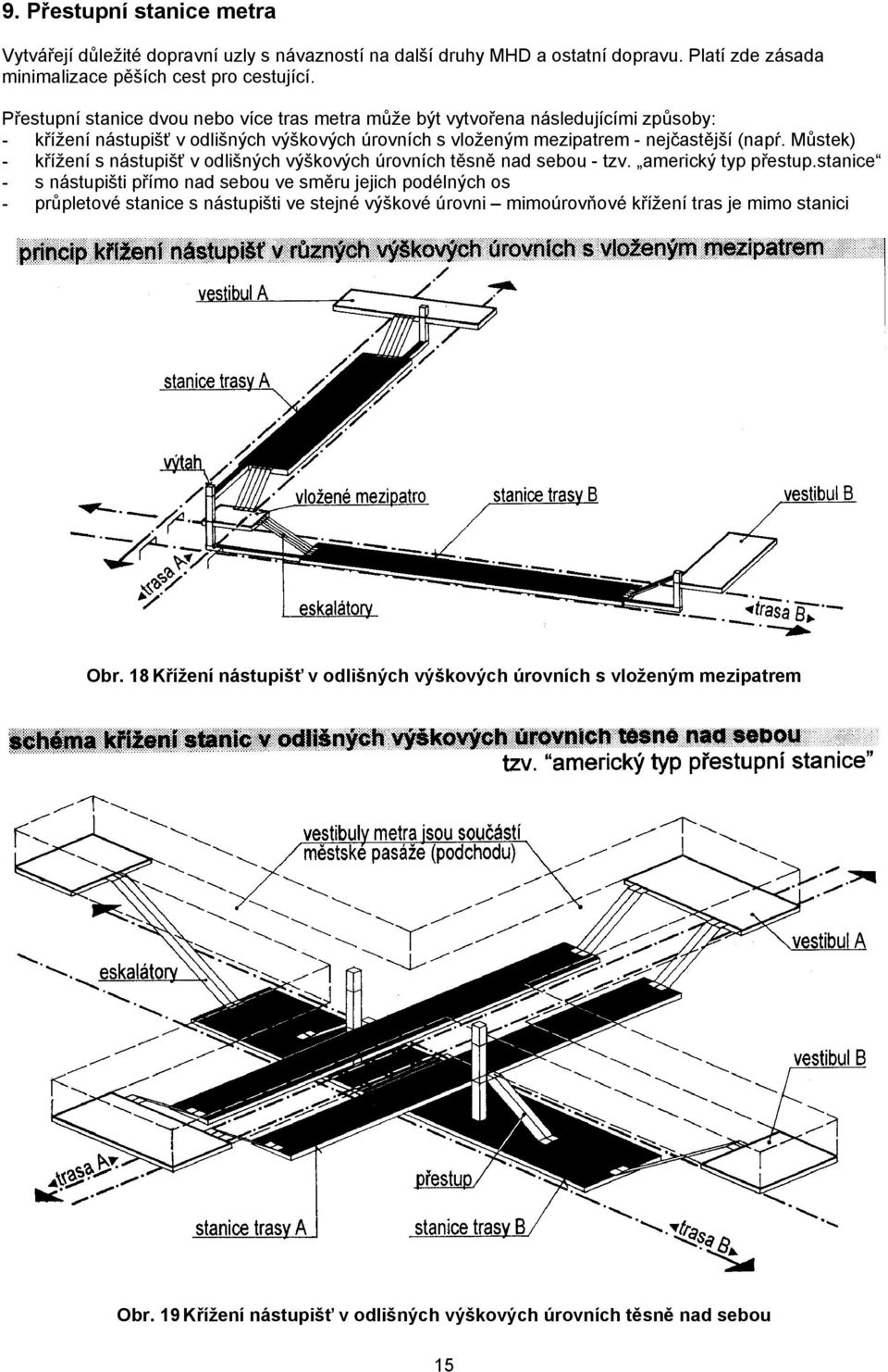 Můstek) - křížení s nástupišť v odlišných výškových úrovních těsně nad sebou - tzv. americký typ přestup.