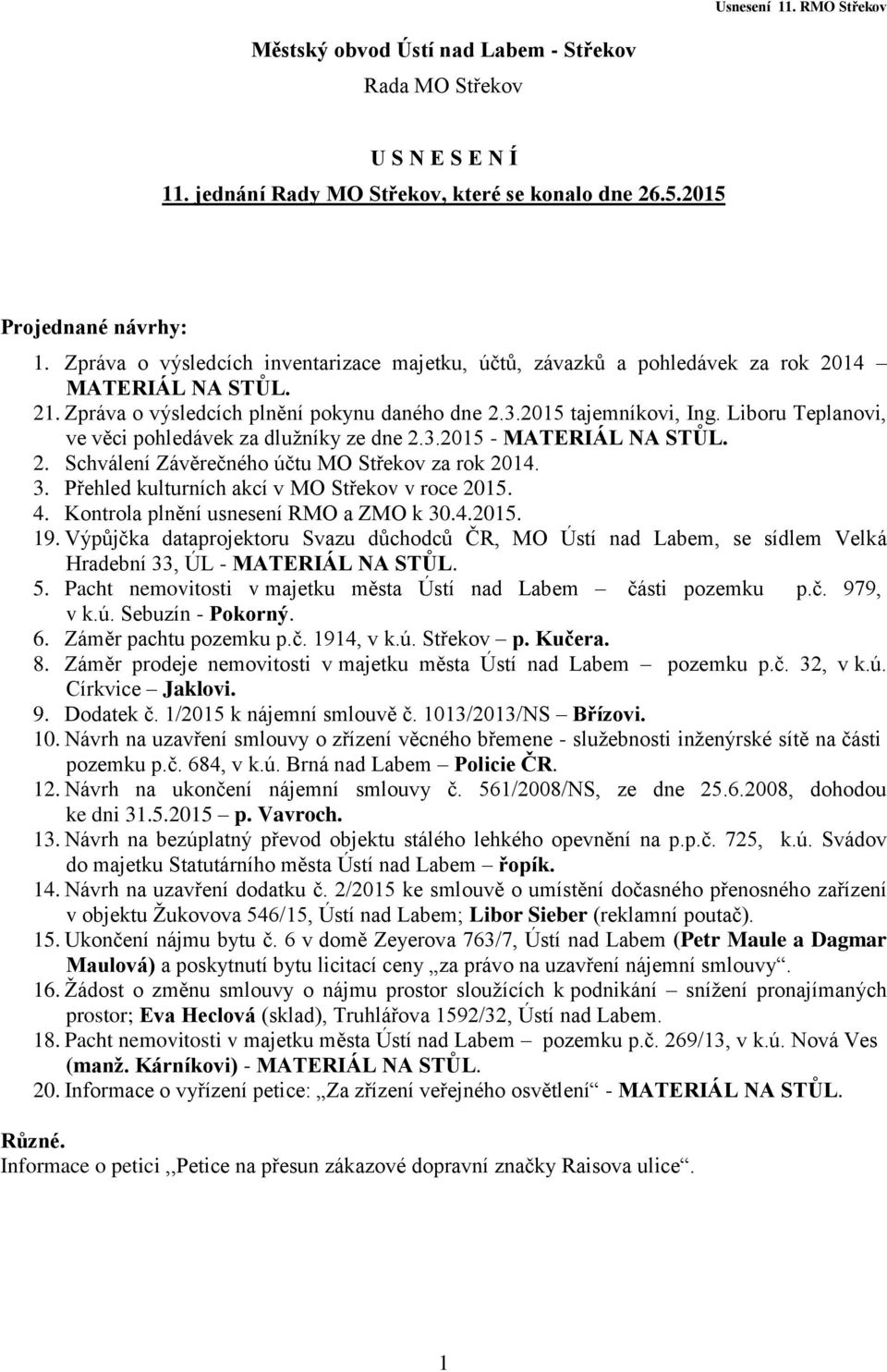 Liboru Teplanovi, ve věci pohledávek za dlužníky ze dne 2.3.2015 - MATERIÁL NA STŮL. 2. Schválení Závěrečného účtu MO Střekov za rok 2014. 3. Přehled kulturních akcí v MO Střekov v roce 2015. 4.