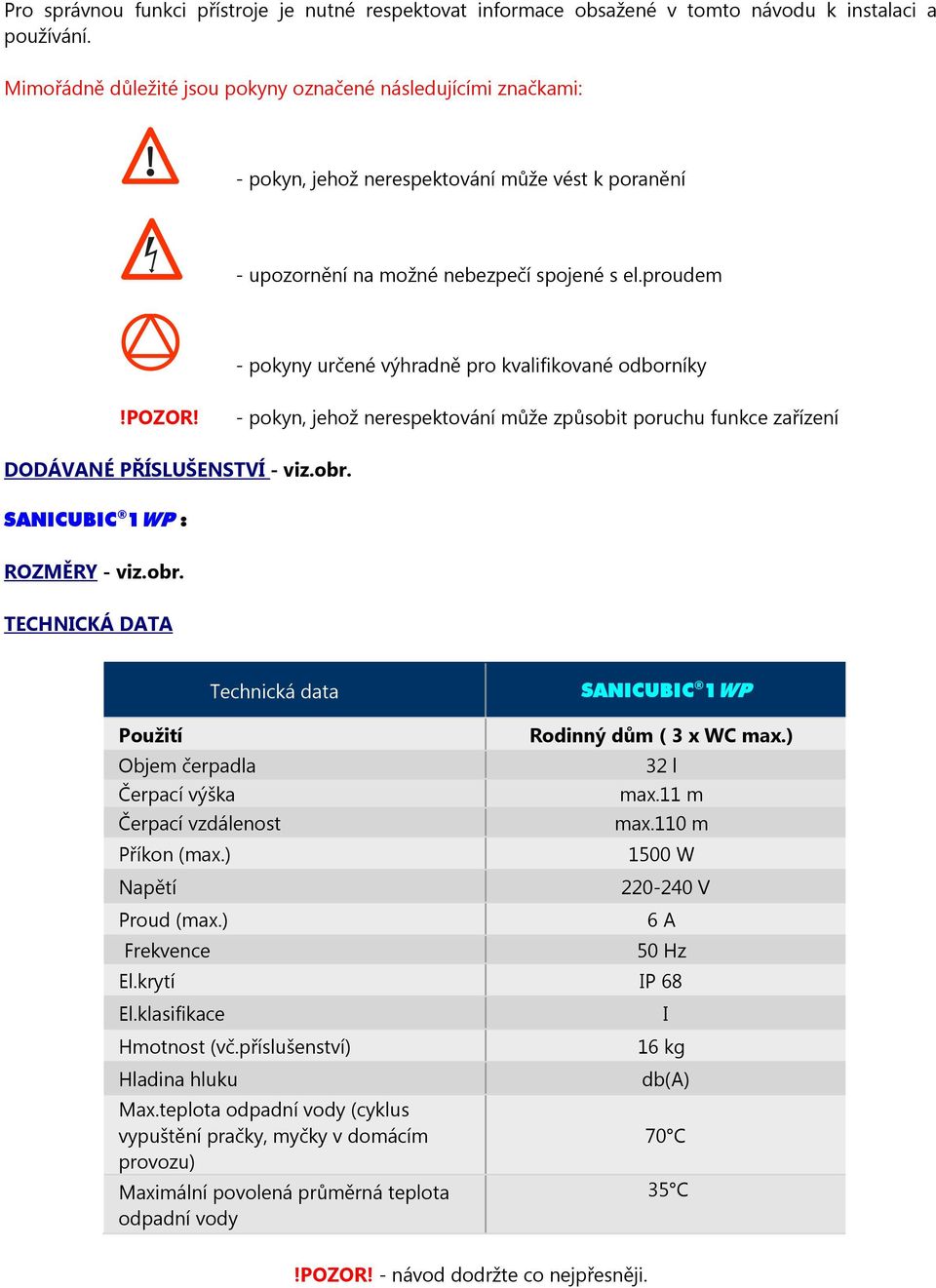 proudem - pokyny určené výhradně pro kvalifikované odborníky!pozor! - pokyn, jehož nerespektování může způsobit poruchu funkce zařízení DODÁVANÉ PŘÍSLUŠENSTVÍ - viz.obr. SANICUBIC 1WP : ROZMĚRY - viz.