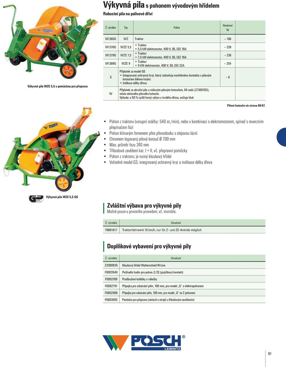 nechtěnému kontaktu s pilovým kotoučem během řezání. Indikace délky dřeva místo sériového pilového kotouče. ~ 228 ~ 238 ~ 254 ~ 8 Pohon z traktoru (vstupní otáčky: 540 ot.