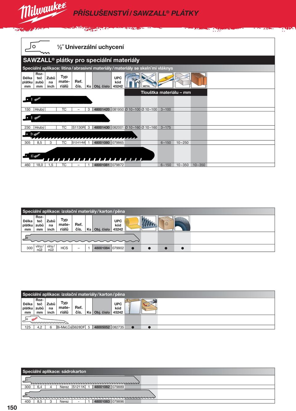 číslo UPC kód 45242 Tlouštka materiálu 150 Hrubý TC 3 48001420 081950 Ø 10 100 Ø 10 100 3 100 230 Hrubý TC S1130R 3 48001430 082001 Ø 10 160 Ø 10 160 3 175 305 8,5 3 TC S1241HM 1 48001080 079865 6