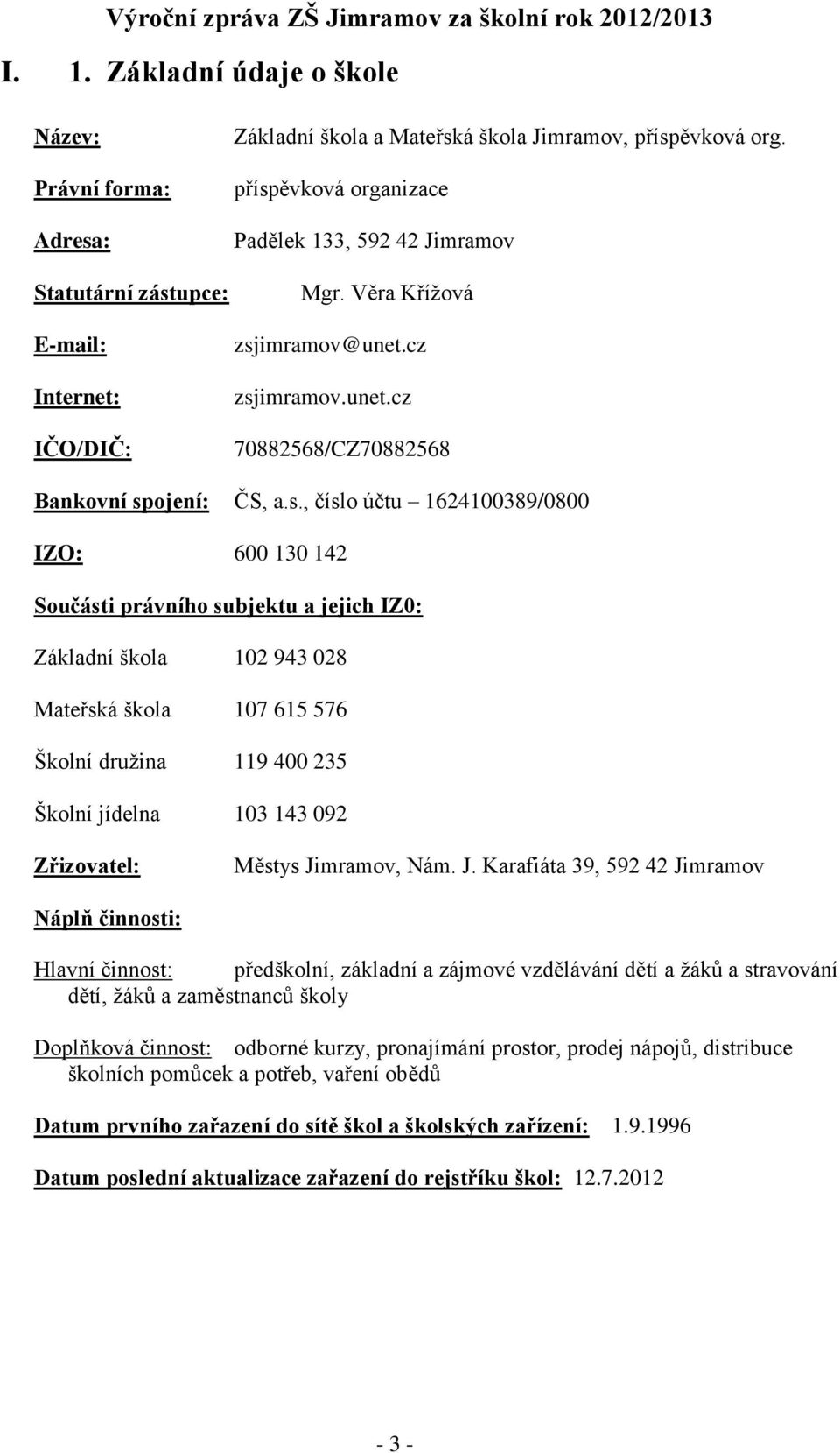 Součásti právního subjektu a jejich IZ0: Základní škola 102 943 028 Mateřská škola 107 615 576 Školní družina 119 400 235 Školní jídelna 103 143 092 Zřizovatel: Městys Ji