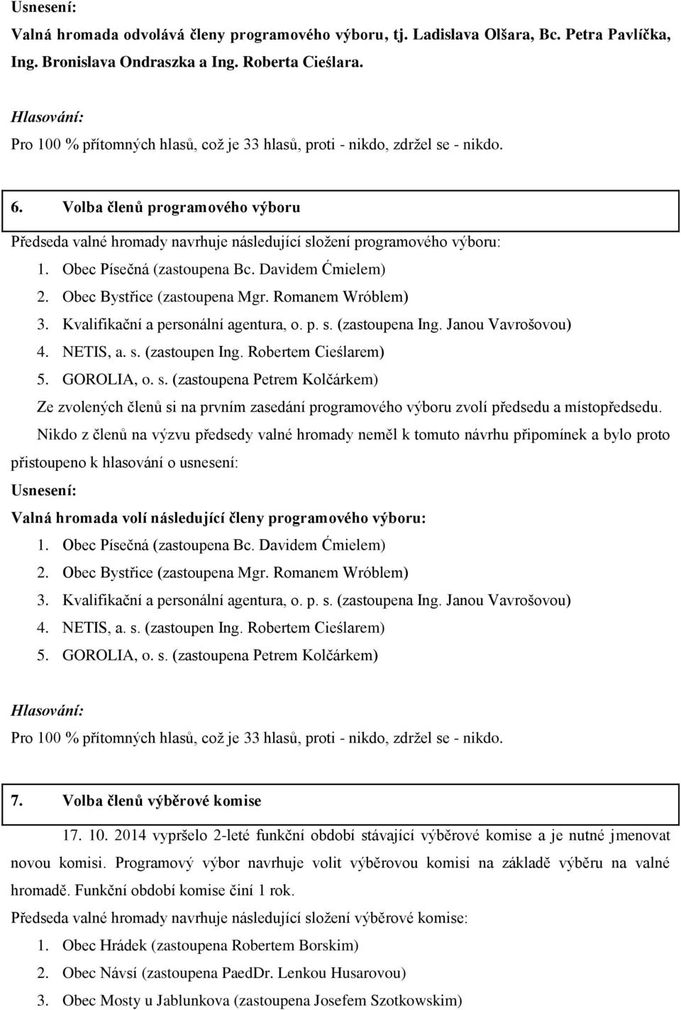 Obec Písečná (zastoupena Bc. Davidem Ćmielem) 2. Obec Bystřice (zastoupena Mgr. Romanem Wróblem) 3. Kvalifikační a personální agentura, o. p. s. (zastoupena Ing. Janou Vavrošovou) 4. NETIS, a. s. (zastoupen Ing.
