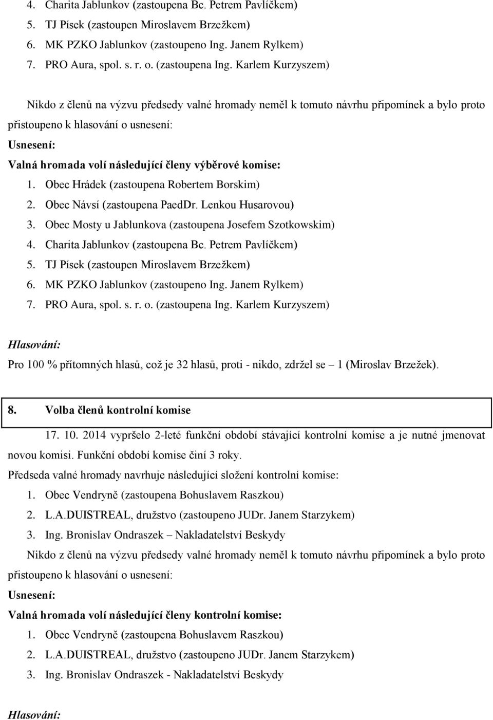 1. Obec Hrádek (zastoupena Robertem Borskim) 2. Obec Návsí (zastoupena PaedDr. Lenkou Husarovou) 3.
