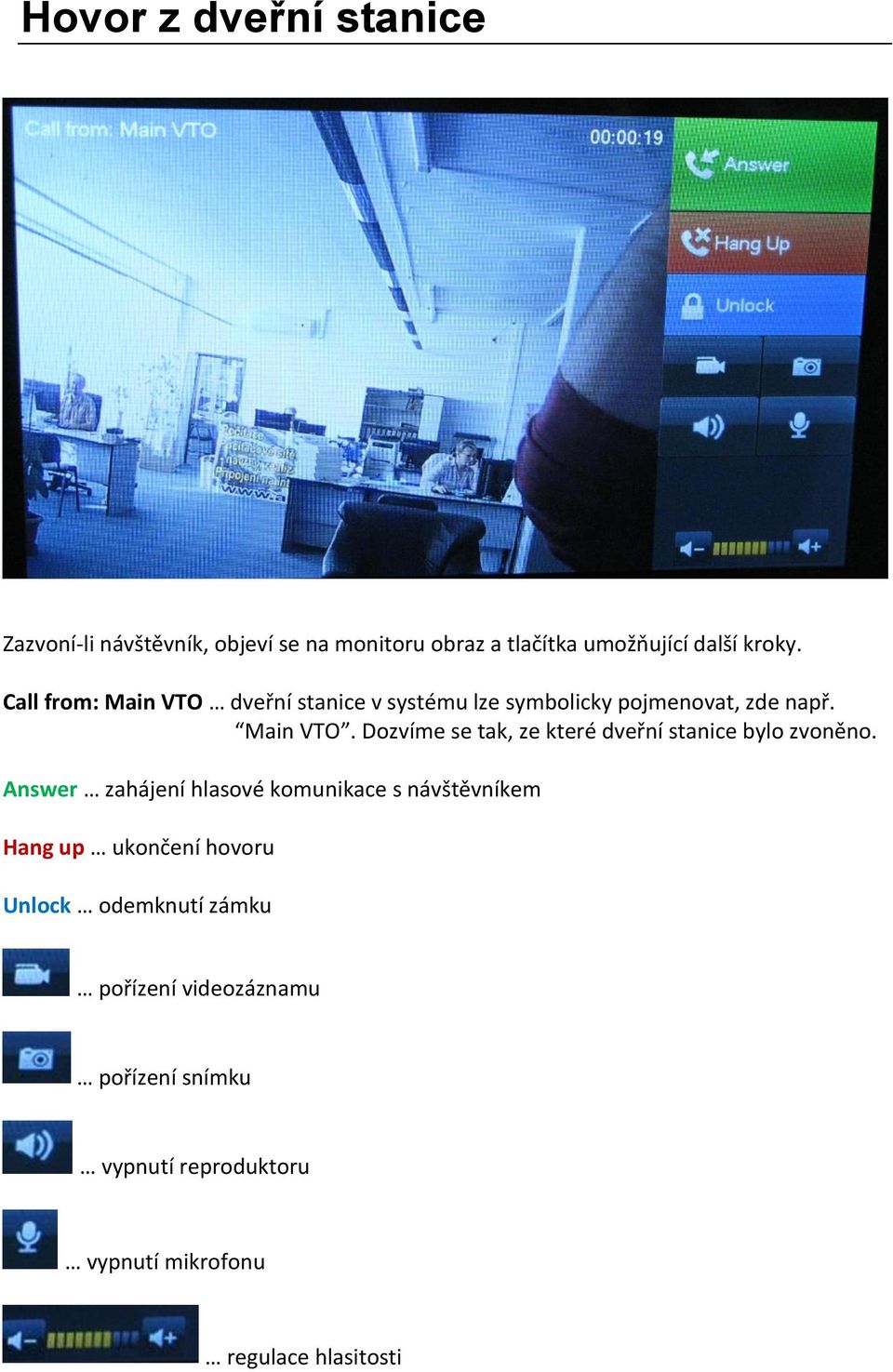 Answer zahájení hlasové komunikace s návštěvníkem Hang up ukončení hovoru Unlock odemknutí zámku pořízení