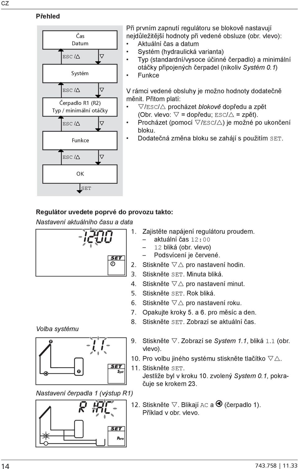 1) Funkce V rámci vedené obsluhy je možno hodnoty dodatečně měnit. Přitom platí: /ESC/ procházet blokově dopředu a zpět (Obr. vlevo: = dopředu; ESC/ = zpět).