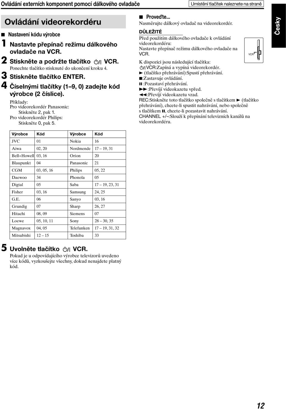 Příklady: Pro videorekordér Panasonic: Stiskněte 2, pak 1. Pro videorekordér Philips: Stiskněte 0, pak 5. 7 Proveďte... Nasměrujte dálkový ovladač na videorekordér.