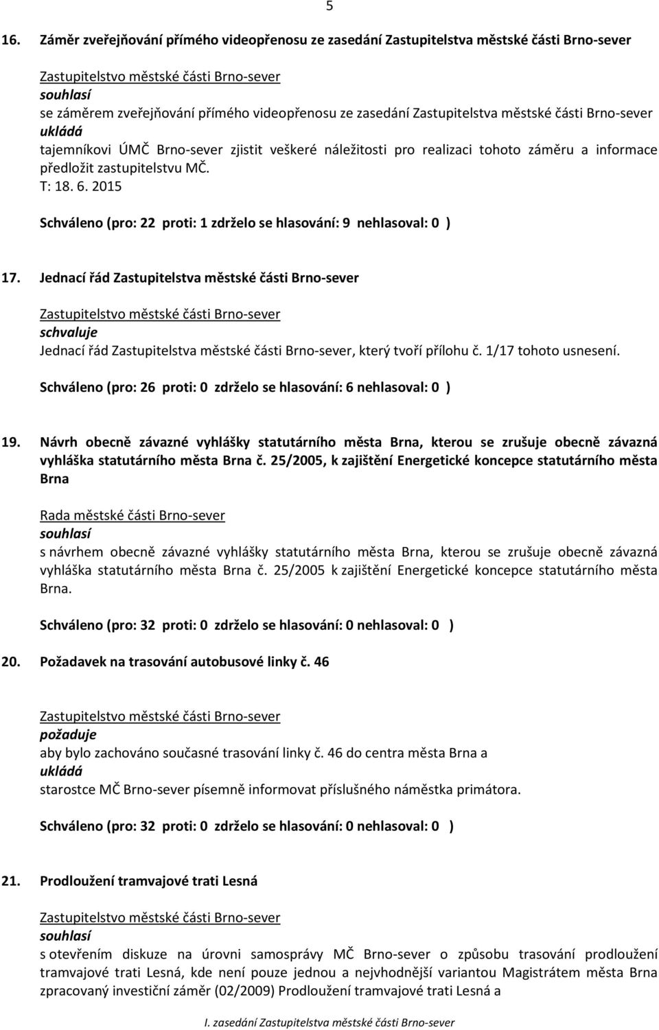 2015 Schváleno (pro: 22 proti: 1 zdrželo se hlasování: 9 nehlasoval: 0 ) 17.