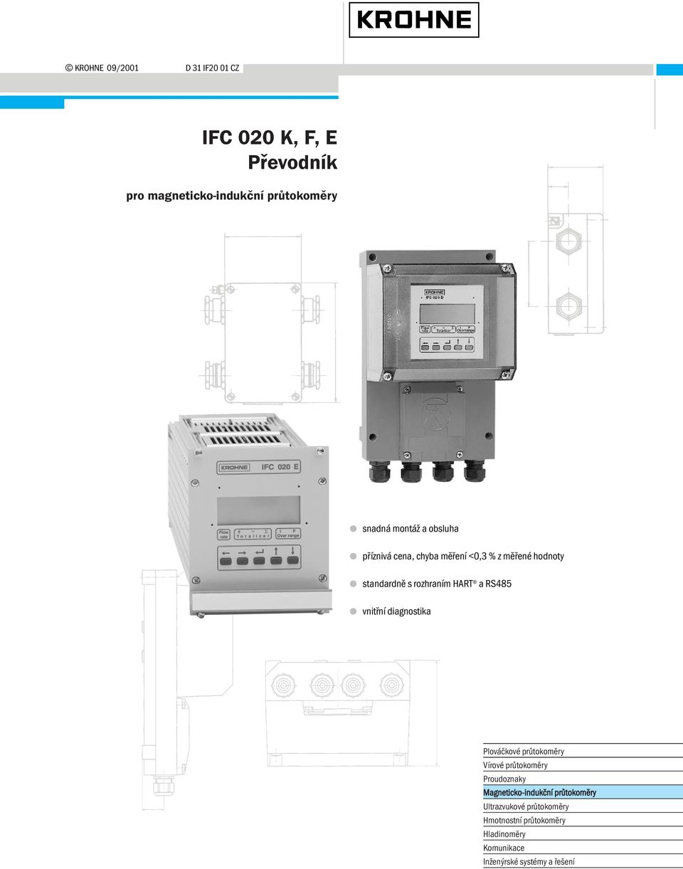 RS485 vnitřní diagnostika Plováčkové průtokoměry Vírové průtokoměry Proudoznaky Magneticko-indukční