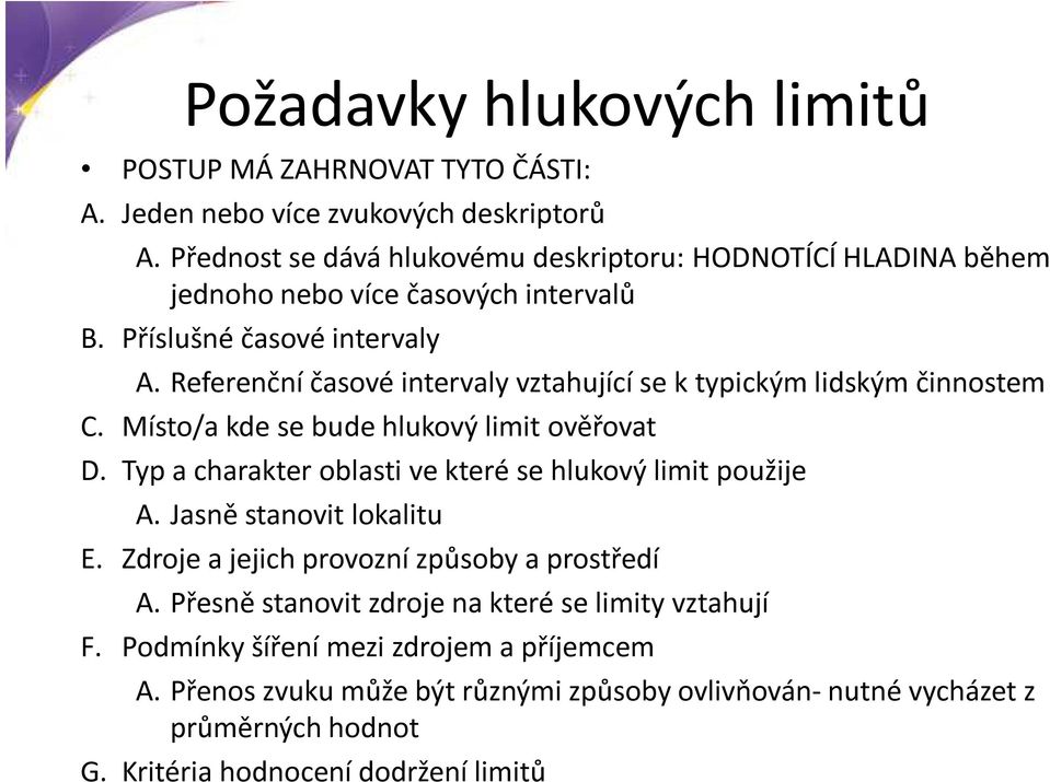 Referenční časové intervaly vztahující se k typickým lidským činnostem C. Místo/a kde se bude hlukový limit ověřovat D.