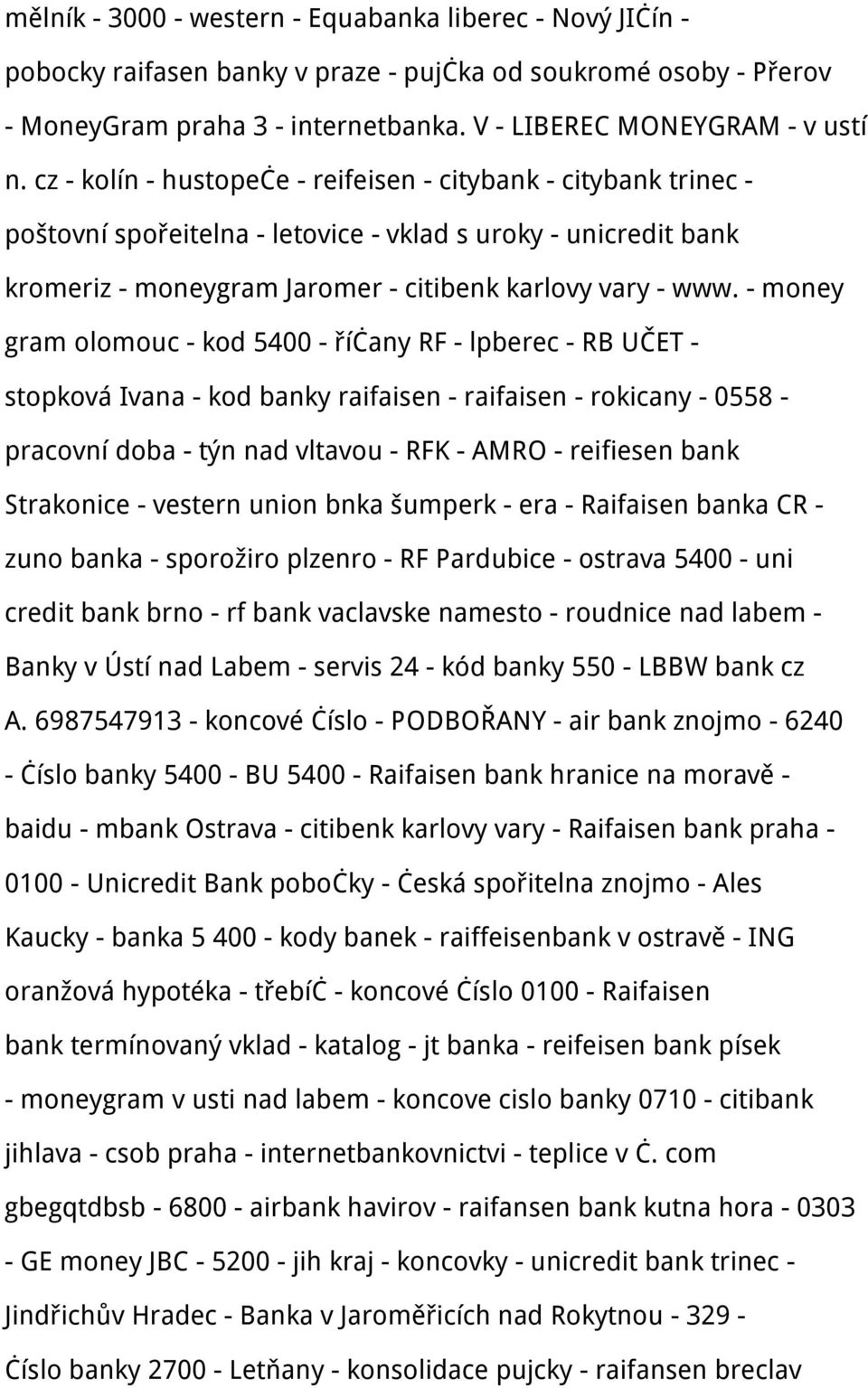 - money gram olomouc - kod 5400 - říčany RF - lpberec - RB UČET - stopková Ivana - kod banky raifaisen - raifaisen - rokicany - 0558 - pracovní doba - týn nad vltavou - RFK - AMRO - reifiesen bank