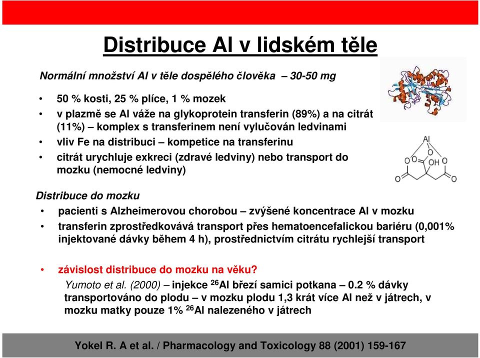 Alzheimerovou chorobou zvýšené koncentrace Al v mozku transferin zprostředkovává transport přes hematoencefalickou bariéru (0,001% injektované dávky během 4 h), prostřednictvím citrátu rychlejší