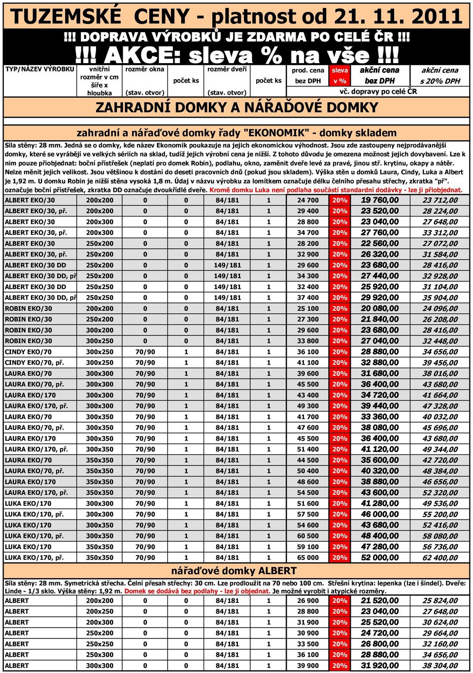 cena sleva akční cena akční cena bez DPH v % bez DPH s 20% DPH ZAHRADNÍ DOMKY A NÁŘAĎOVÉ DOMKY zahradní a nářaďové domky řady "EKONOMIK" - domky skladem Síla stěny: 28 mm.