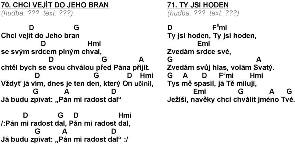 Hmi Vždyť já vím, dnes je ten den, který On učinil, Já budu zpívat: Pán mi radost dal 71. TY JSI HON (hudba:??? text:?