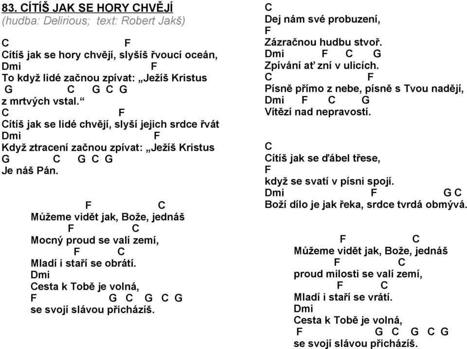 mi esta k Tobě je volná, se svojí slávou přicházíš. ej nám své probuzení, Zázračnou hudbu stvoř. mi Zpívání ať zní v ulicích. Písně přímo z nebe, písně s Tvou nadějí, mi Vítězí nad nepravostí.