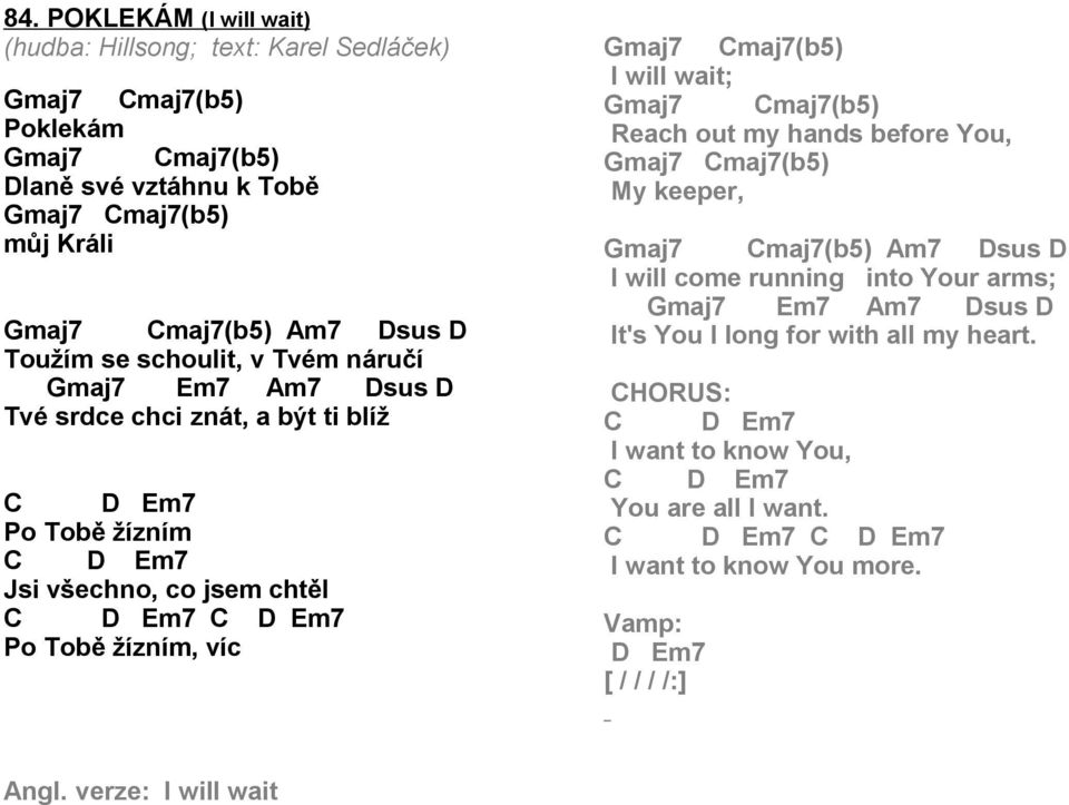 maj7 maj7(b5) I will wait; maj7 maj7(b5) Reach out my hands before You, maj7 maj7(b5) My keeper, maj7 maj7(b5) m7 sus I will come running into Your arms; maj7 m7 m7