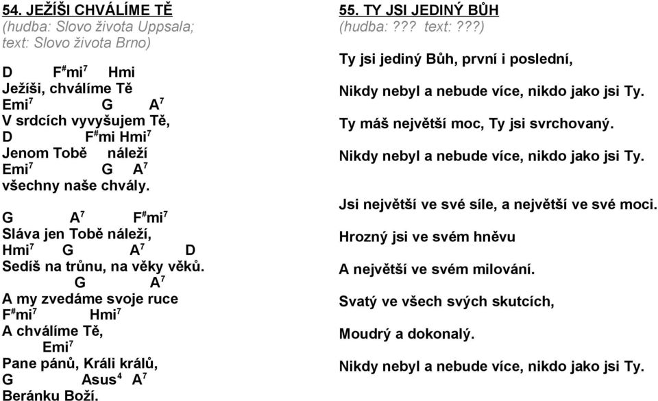 TY JSI JINÝ BŮH (hudba:??? text:???) Ty jsi jediný Bůh, první i poslední, Nikdy nebyl a nebude více, nikdo jako jsi Ty. Ty máš největší moc, Ty jsi svrchovaný.