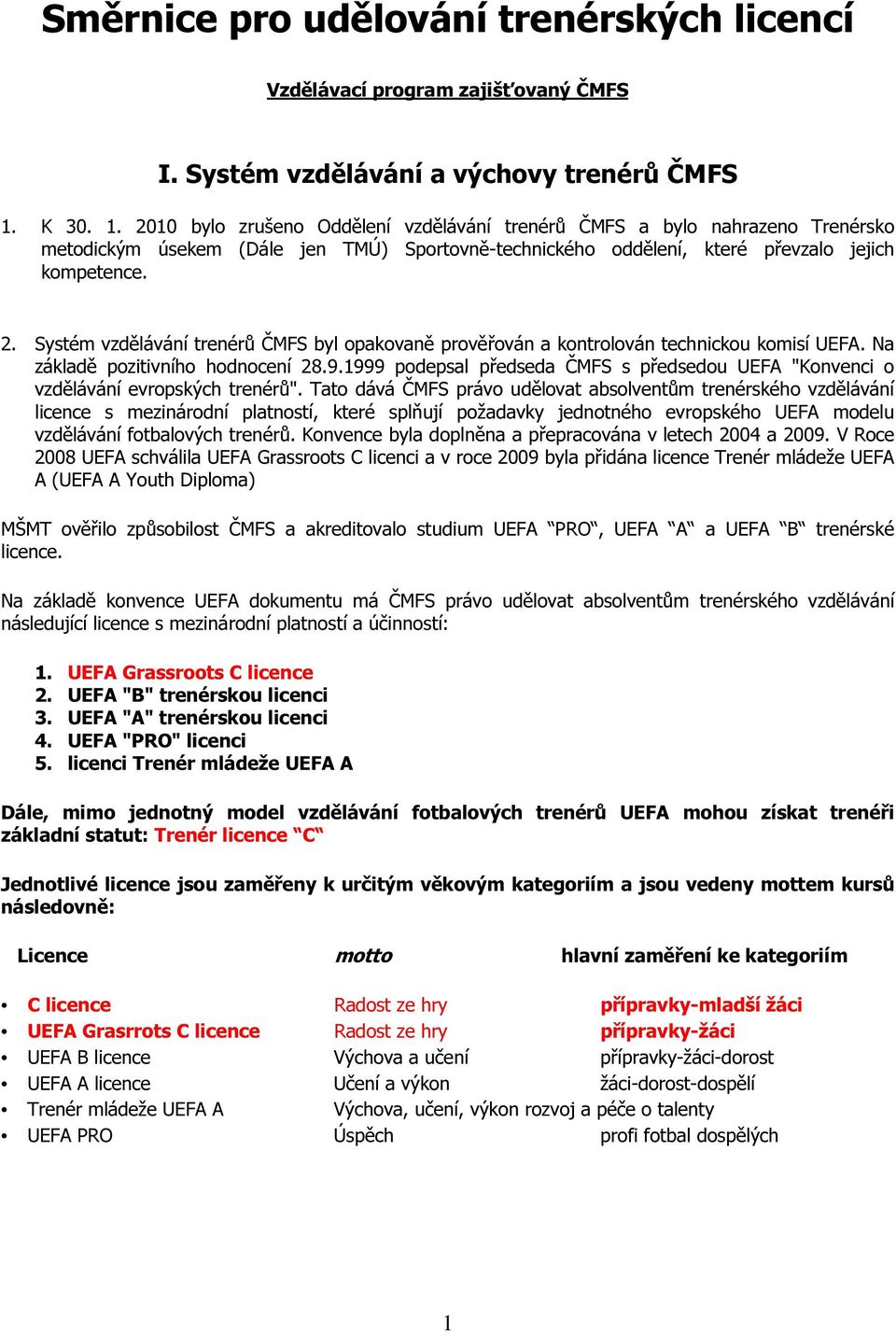 Na základě pozitivního hodnocení 28.9.1999 podepsal předseda ČMFS s předsedou UEFA "Konvenci o vzdělávání evropských trenérů".