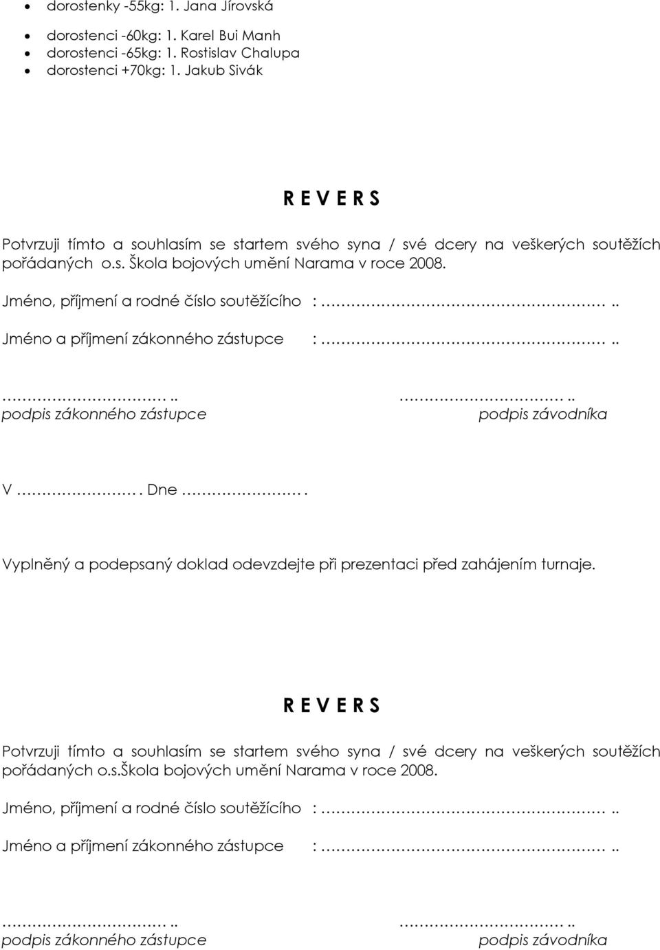 Jméno, příjmení a rodné číslo soutěžícího :.. Jméno a příjmení zákonného zástupce :...... podpis zákonného zástupce podpis závodníka V. Dne.