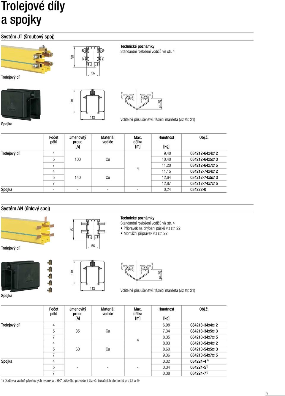 délka [m] Trolejový díl 9,0 08212-6xx12 5 100 Cu 10,0 08212-6x5x13 7 11,20 08212-6x7x15 11,15 08212-7xx12 5 10 Cu 12,6 08212-7x5x13 7 12,87 08212-7x7x15 Spojka - - - - 0,2 08222-0 Systém AN (úhlový