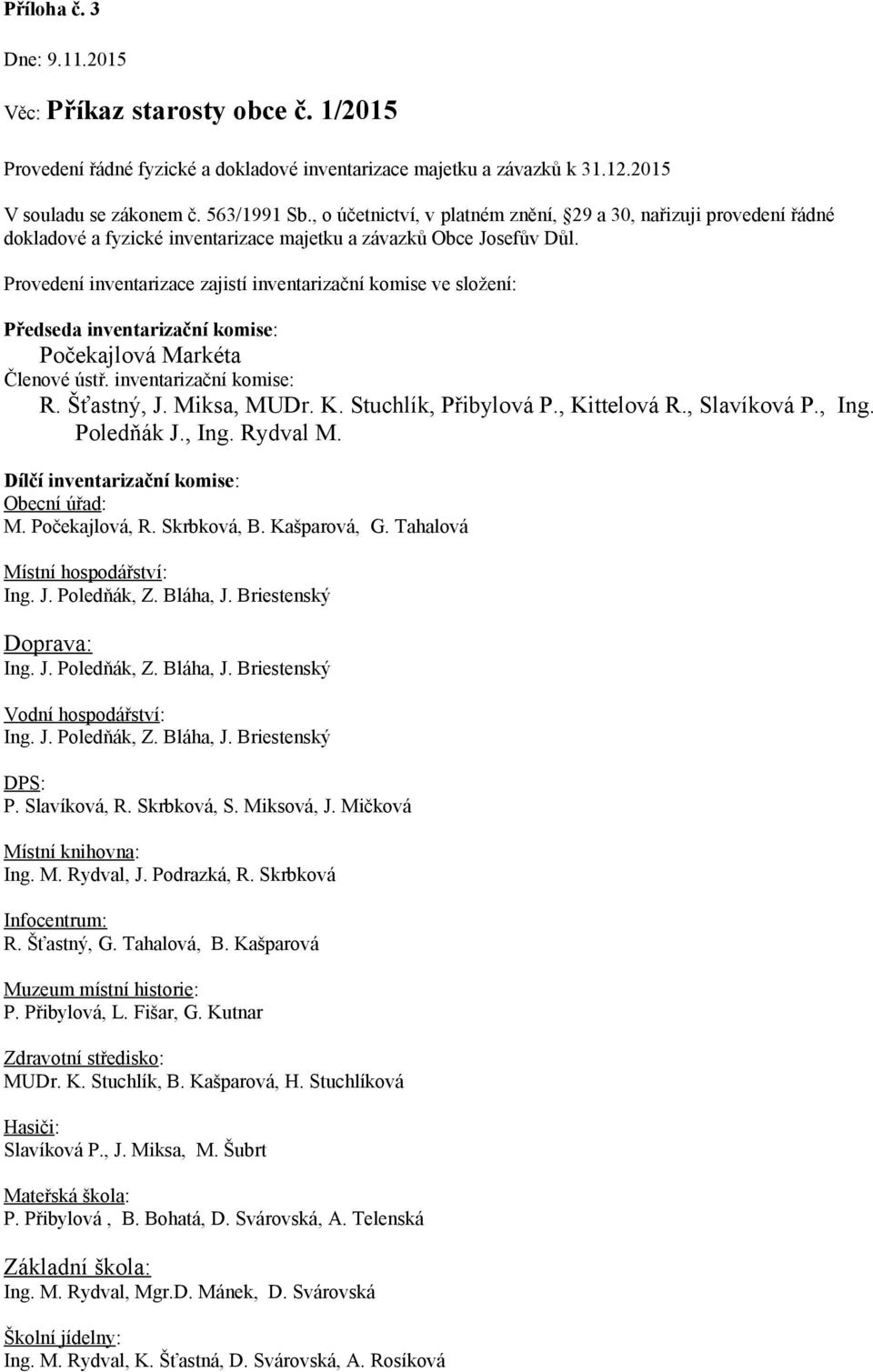 Provedení inventarizace zajistí inventarizační komise ve složení: Předseda inventarizační komise: Počekajlová Markéta Členové ústř. inventarizační komise: R. Šťastný, J. Miksa, MUDr. K.