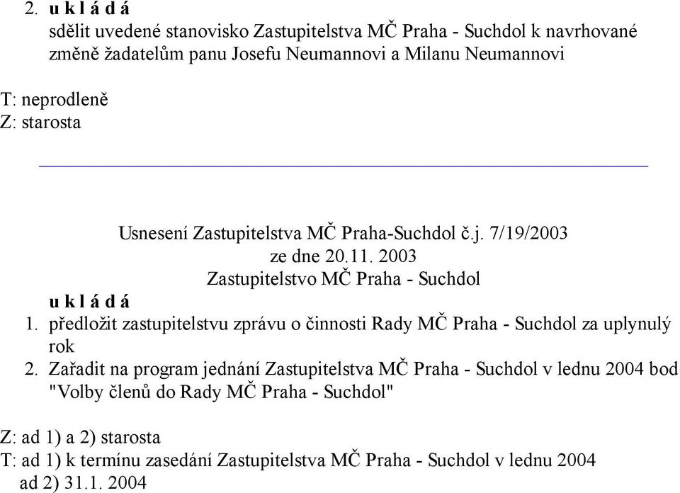 7/19/2003 u k l á d á předložit zastupitelstvu zprávu o činnosti Rady MČ Praha - Suchdol za uplynulý rok Zařadit na program