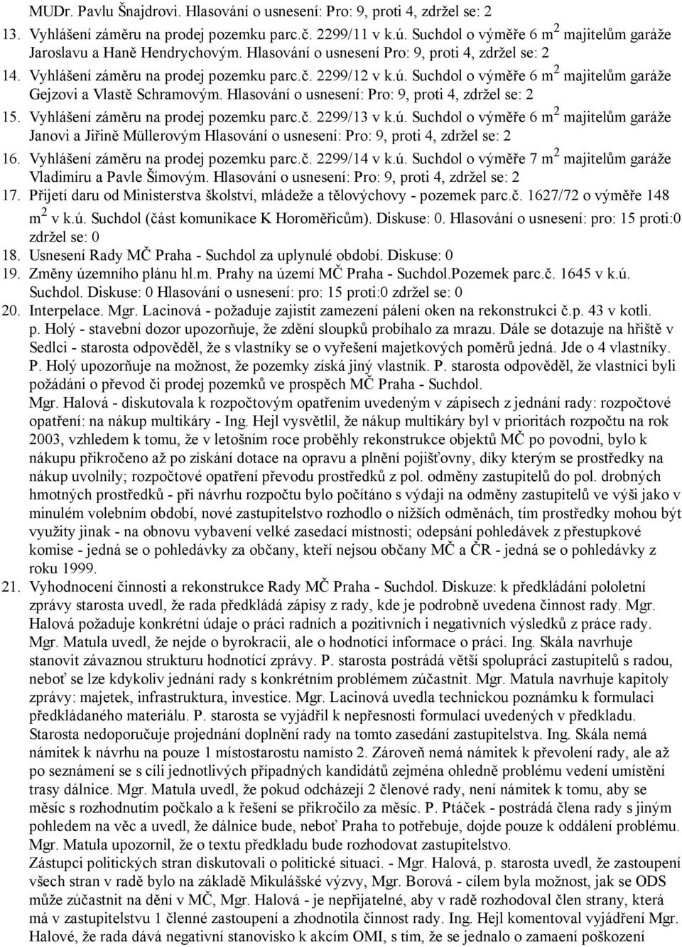 Suchdol o výměře 6 m 2 majitelům garáže Gejzovi a Vlastě Schramovým. Hlasování o usnesení: Pro: 9, proti 4, zdržel se: 2 Vyhlášení záměru na prodej pozemku parc.č. 2299/13 v k.ú.