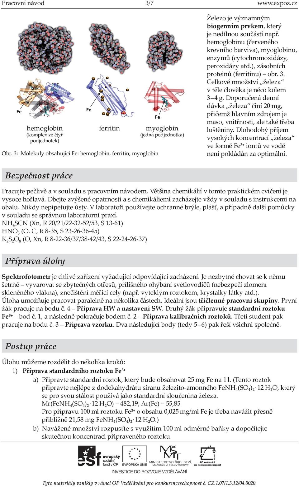 hemoglobinu (červeného krevního barviva), myoglobinu, enzymů (cytochromoxidázy, peroxidázy atd.), zásobních proteinů (ferritinu) obr. 3. Celkové množství železa v těle člověka je něco kolem 3 4 g.