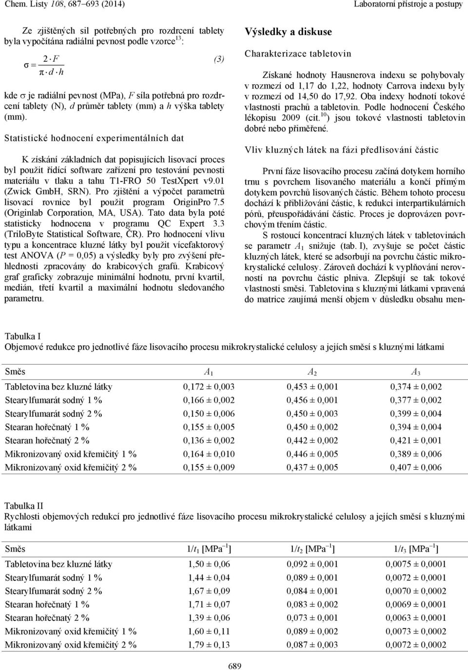 Statistické hodnocení experimentálních dat K získání základních dat popisujících lisovací proces byl použit řídící software zařízení pro testování pevnosti materiálu v tlaku a tahu T1-FRO 50