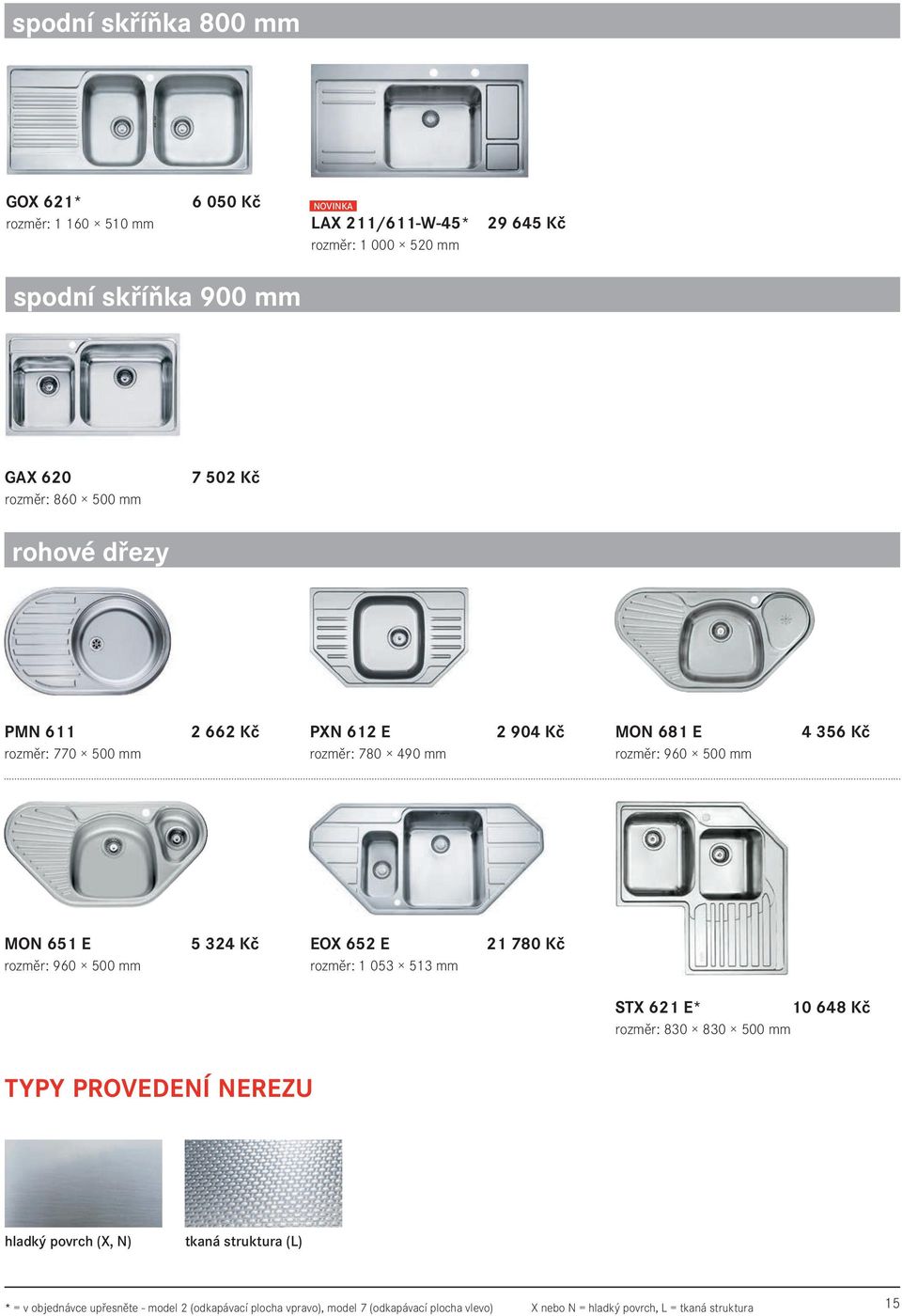 rozměr: 960 500 mm 5 324 Kč EOX 652 E rozměr: 1 053 513 mm 21 780 Kč STX 621 E* 10 648 Kč rozměr: 830 830 500 mm TYPY PROVEDENÍ NEREZU hladký povrch (X, N)